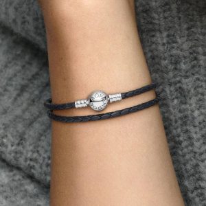 Pandora Moments Double Black Leather Bracelet Sterling silver