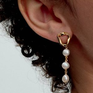 Organically Shaped Circle & Baroque Treated Freshwater Cultured Pearls Drop Earrings 14k gold plating