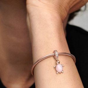 Murano Glass Pink Sea Turtle Dangle Charm 14k rose gold plating