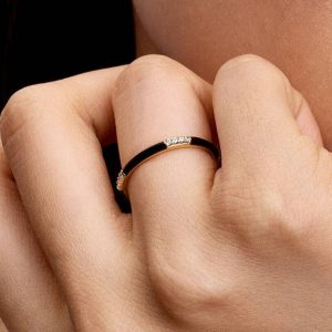 Black Enamel & Stones Ring 14k gold plating