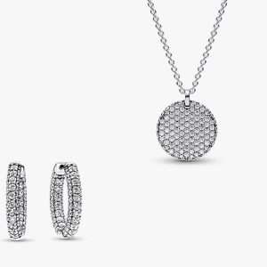 Pav?? Round Necklace and Hoop Earrings Set 2 Quantity