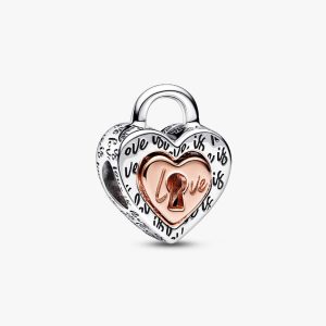 FINAL SALE - Two-tone Padlock Splittable Heart Charm Sterling silver, 14k rose gold plating