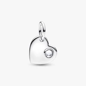 April Engravable Heart Clear Stone Dangle Charm Sterling silver