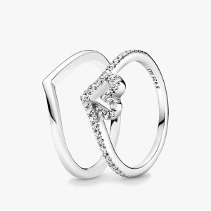 Sparkling Wishbone Heart Ring Set 2 Quantity