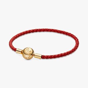 Pandora Moments Red Woven Leather Bracelet 14k gold plating