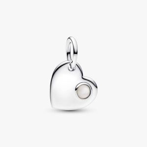June Engravable Heart White Stone Dangle Charm Sterling silver