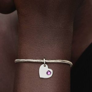 February Engravable Heart Purple Stone Heart Dangle Charm Sterling silver