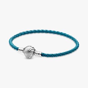 FINAL SALE - Pandora Moments Seashell Clasp Turquoise Braided Leather Bracelet Sterling silver