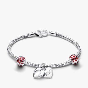 Engravable Double Heart Charm Bracelet Set 3 Quantity