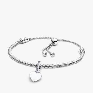 Engravable Heart Tag Dangle Charm Snake Chain Slider Bracelet Set 2 Quantity