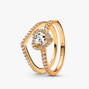 Playful Love Golden Elevated Heart Wishbone Ring Set 2 Quantity