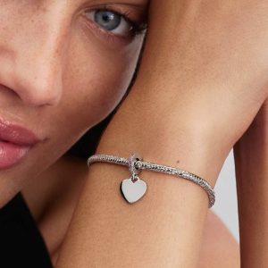 Engravable Heart Pink Stone Dangle Charm Sterling silver