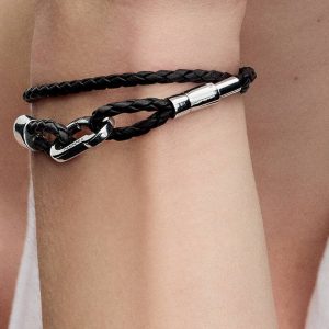 Pandora Moments Brown Braided Double Leather Bracelet Sterling silver