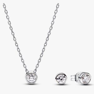 Pandora Era Bezel Lab-grown Diamond Pendant Necklace and Earrings set 0.45 carat tw Sterling Silver 2 Quantity