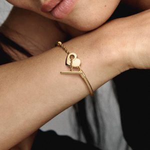 Pandora Moments Heart T-Bar Snake Chain Bracelet 14k gold plating