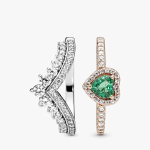 Green Heart Princess Wishbone Stacking Ring Set 2 Quantity