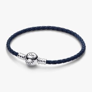 FINAL SALE - Pandora Moments Round Clasp Blue Braided Leather Bracelet Sterling silver