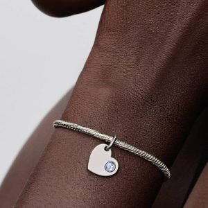 March Engravable Aqua Blue Stone Heart Dangle Charm Sterling silver