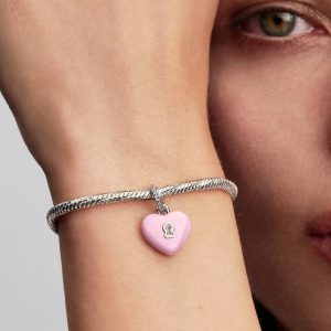 Pink Ceramic Heart Padlock Dangle Charm Sterling silver