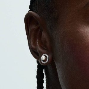 Treated Freshwater Cultured Pearl & Pav?? Halo Stud Earrings Sterling silver