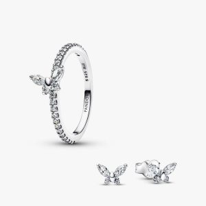 Sparkling Clear Butterfly Ring and Earring Set 2 Quantity