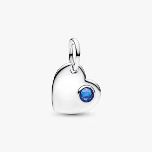September Engravable Heart Blue Stone Dangle Charm Sterling silver