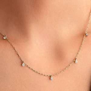 Pandora Era Bezel Lab-Grown Diamond Dangle Station Paperclip Chain Necklace 0.13 ct TW, 14k gold