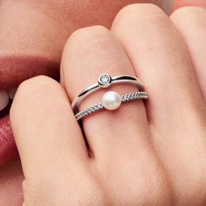 FINAL SALE - Treated Freshwater Cultured Pearl & Pav?? Double Band Ring Sterling silver