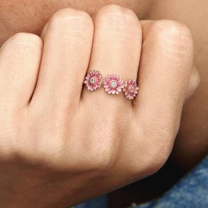 FINAL SALE - Pink Daisy Flower Trio Ring 14k rose gold plating