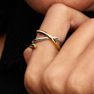 Organically Shaped Two-tone Double Ring Sterling silver, 14k gold plating