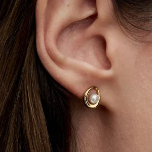 Organically Shaped Oval & Treated Freshwater Cultured Pearl Stud Earrings 14k gold plating