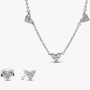 Triple Stone Heart Station Necklace and Earring Set 2 Quantity