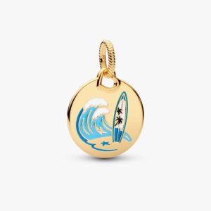 Surfing Round Tag Dangle Charm 14k gold plating