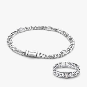 Silver Heart Cuban Chain Bracelet & Ring Set 2 Quantity