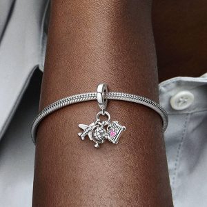 Airplane, Globe & Suitcase Dangle Charm Sterling silver