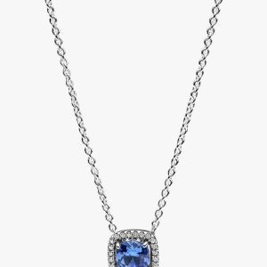 Sparkling Square Blue Halo Pendant Necklace Sterling silver