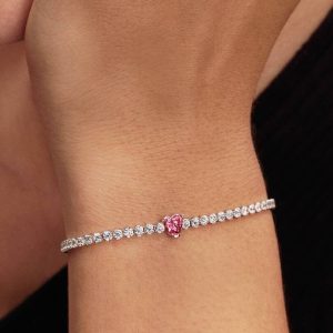 Pink Sparkling Heart Tennis Bracelet Sterling silver
