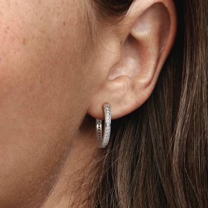 Sparkle and Pandora Logo Hoop Earrings Sterling silver