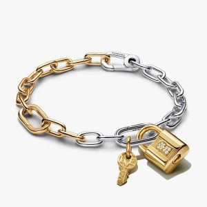Two Tone Lock and Key Bracelet and Charm Set 2 Quantity