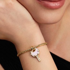 Opalescent Pink Love Key Large Dangle Charm 14k gold plating