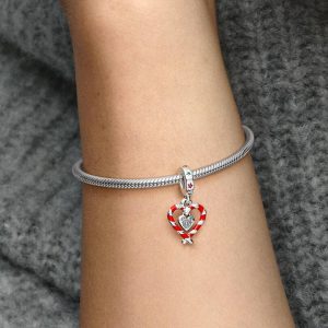 Double Candy Cane Heart Christmas Dangle Charm Sterling silver