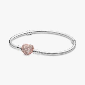 Pandora Moments Pav?? Heart Clasp Snake Chain Bracelet Sterling silver, 14k rose gold plating