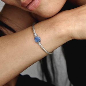 Pandora Moments Sparkling Blue Disc Clasp Snake Chain Bracelet Sterling silver
