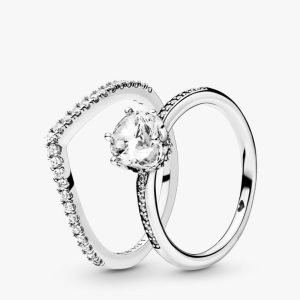 Shimmering Solitaire Wishbone Stacking Ring Set 2 Quantity