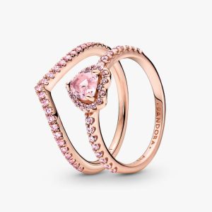 Sparkling Pink Heart Wishbone Ring Set 2 Quantity