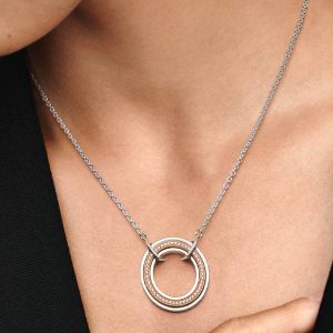 FINAL SALE - Pandora Signature Two tone Logo & Pav?? Necklace Sterling silver, 14k rose gold plating