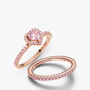 Pink Sparkling Elevated Heart Ring Set 2 Quantity