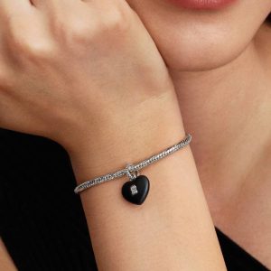 Matte Black Ceramic Heart Padlock Dangle Charm Sterling silver