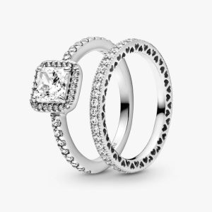 True Elegance Square Halo Ring Set 2 Quantity