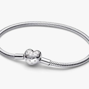 Pandora Sterling Silver Lab-grown Diamond Heart Clasp Snake Chain Bracelet 0.51 ct TW, Sterling silver
